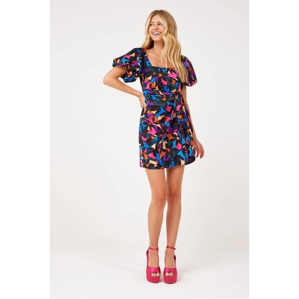 Show Me Your Mumu Danielle Mini Dress Puff Sleeve Smock Tie Waist Mosaic Magic S